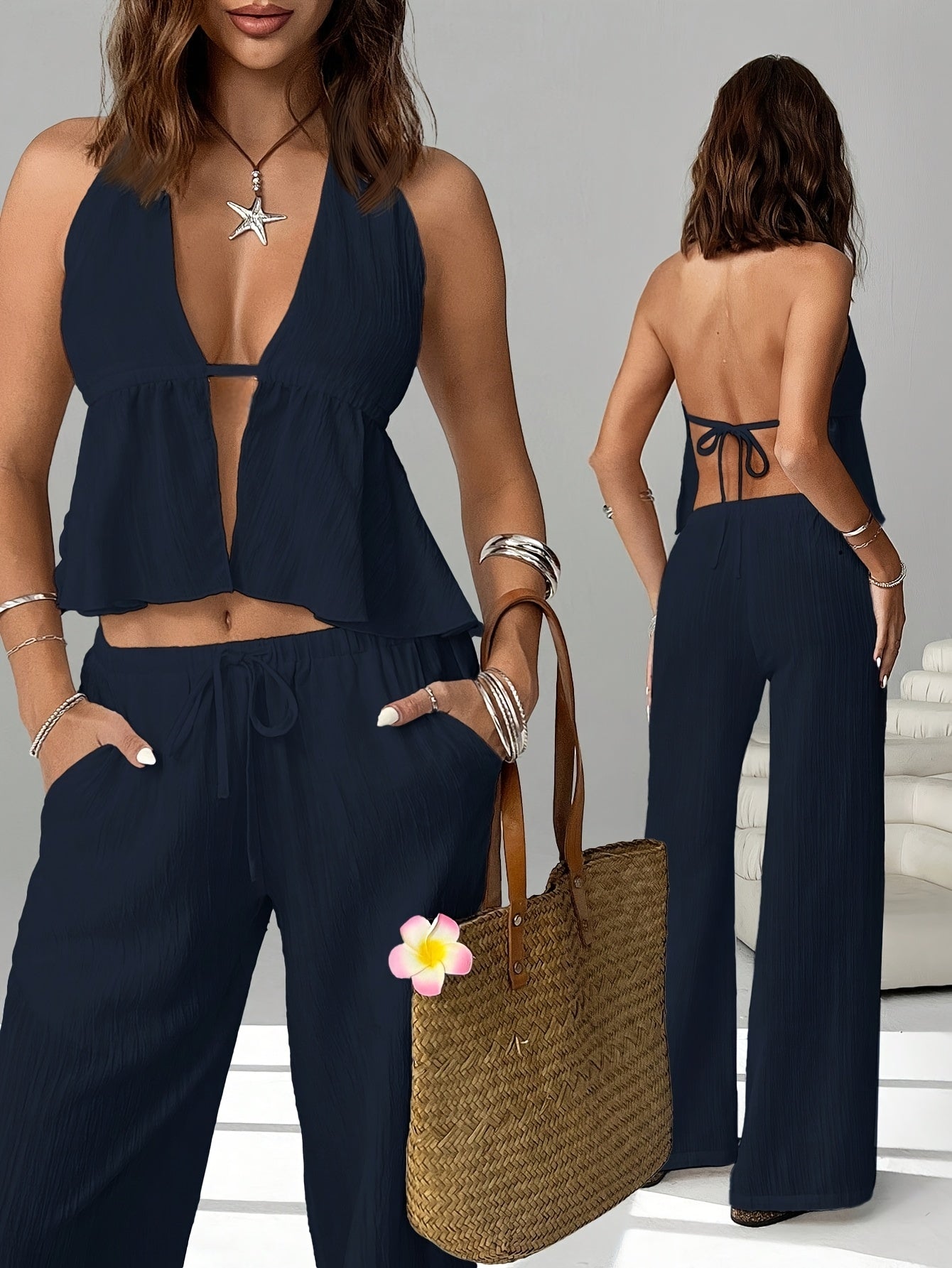 Women's Casual Tie-Up Halter Tank Top & Wide Leg Pants Set