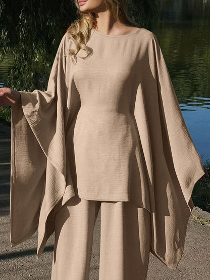 Women'S Holiday Casual Elegant Waist-Cinched Batwing Sleeve Loose Set - Solid Color, All-Season, Allseason Attire|Casual Elegance|Waist Cinching