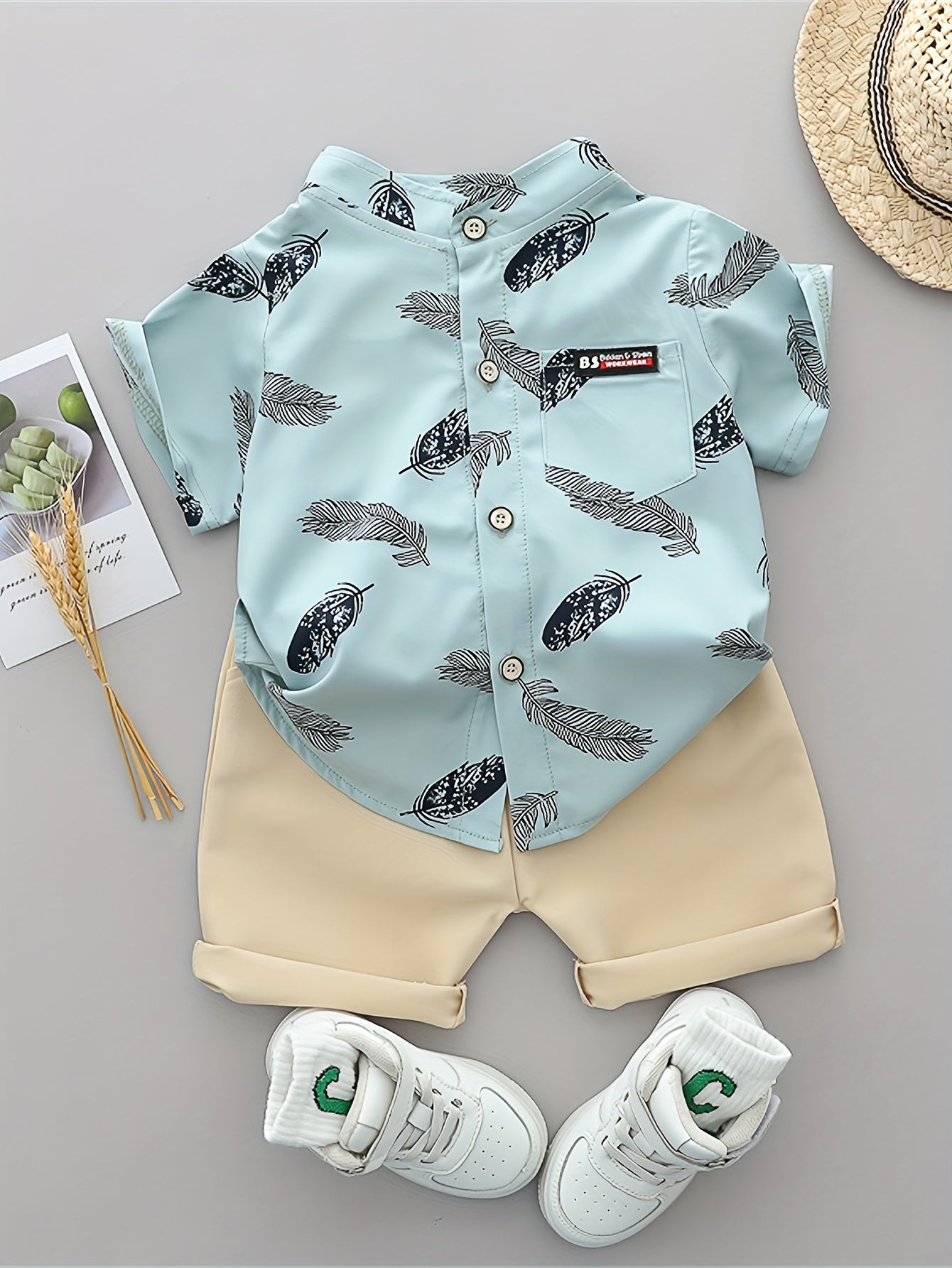 Infant Toddler Summer Feather Print Shirt and Shorts Set