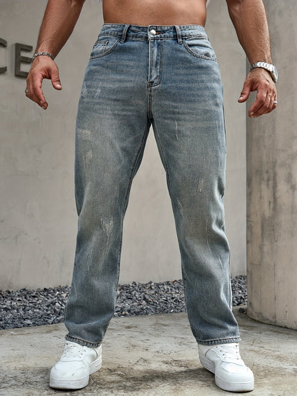 Men's Regular Fit Distressed Denim Jeans - Light Grey, Blend, Machine Washable, Year-Round Comfort & Style