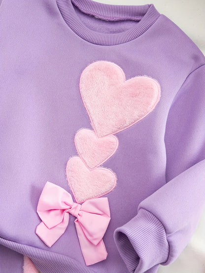 Autumn And Winter Girls' Fashion New Style Simple And Versatile Elegant Heart-Shaped Pattern Splicing Embroidery Bow Decoration Round Neck Long-Sleeved Top + Slim Stretch Leggings Casual Sports Two-Piece Set, Suitable for Out