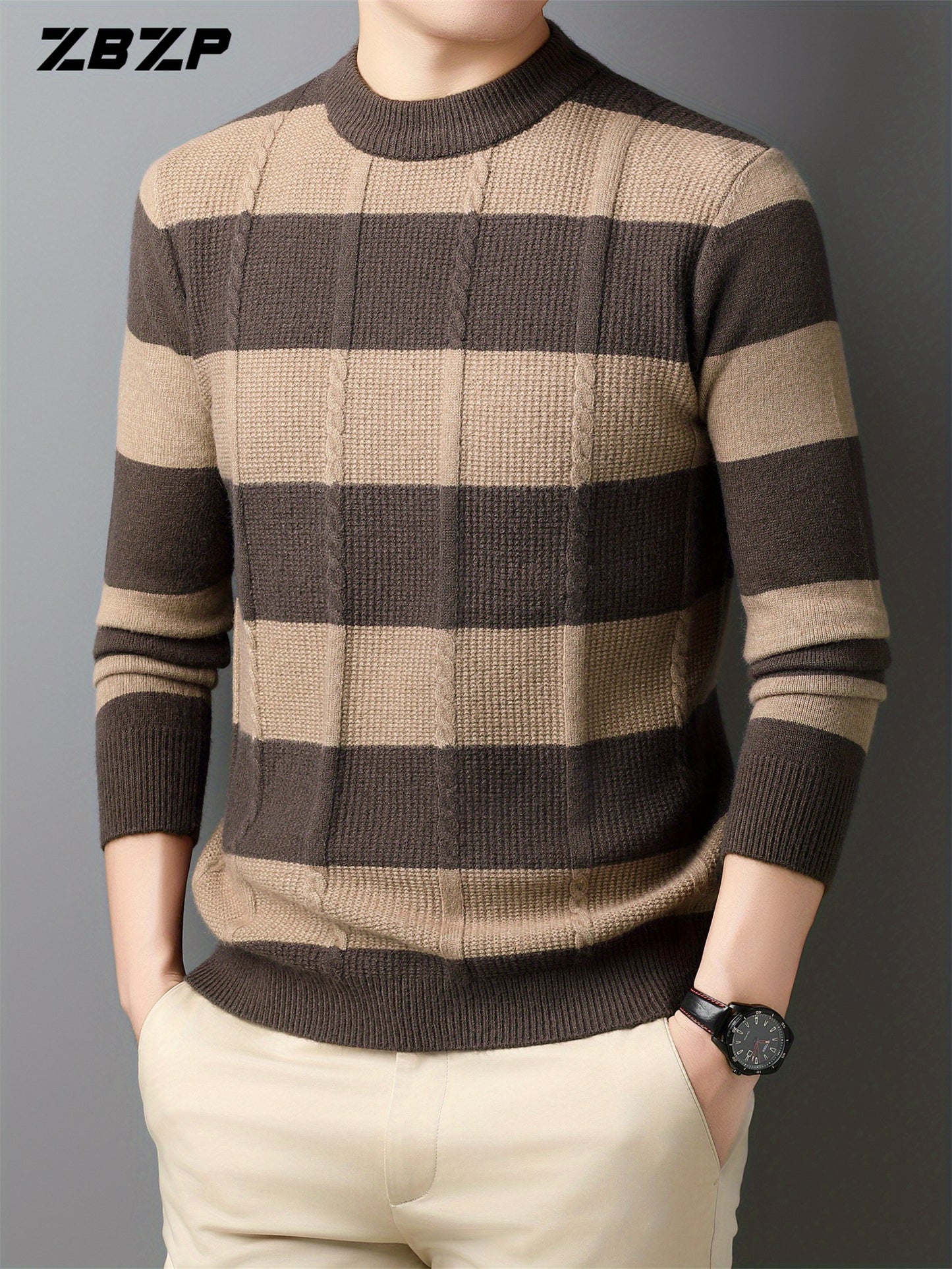 ZBZP Men'S Casual Striped Knit Sweater - Dark Gray & White Horizontal Stripes, Round Neck Long Sleeve, Regular Fit, Autumn Winter Warm Pullover for Casual Attire, Knit Sweater, Comfortable Fashion, Soft Texture, Cold Weather