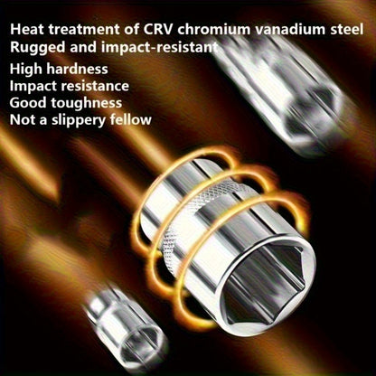 53/50pcs Chrome Vanadium Impact Socket Set, 3/8 Inch Drive, 6-Point Design, Includes SAE Sizes from 5/16 to 3/4 Inch and Metric Sizes from 8 to 22mm, with Ratchet Handle, Extension Bar, Adapter, and Glove