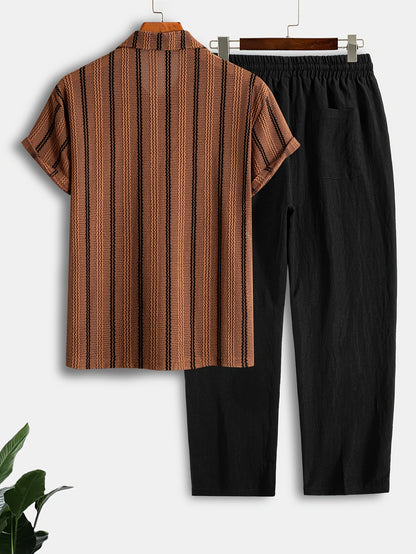 Men's Summer Striped Polo Shirt & Casual Pants Set