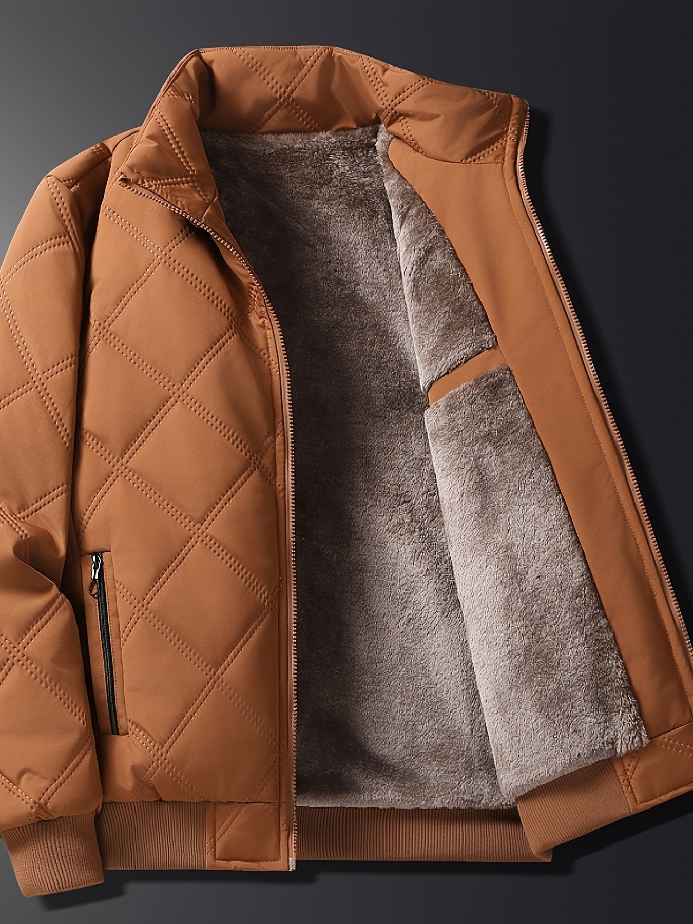 Men's Quilted Fleece Jacket with Stand Collar & Full-Zip Closure - Thick Winter Coat, Black/Brown & Warm Lining, Casual Outdoor Winter Wear for Skiing,, Cold Weather (Hand Wash/Dry Clean)