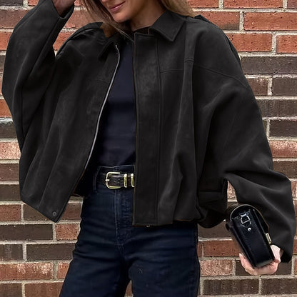 Կանացի վինտաժային բոմբեր բաճկոն - ազատ չափի երկար թևքով, կայծակաճարմանդով և իջեցված ուսերով, շագանակագույն առօրյա վերնազգեստ աշուն/ձմեռ համար, չձգվող գործվածք, իդեալական է առօրյա հագուստի համար, աշուն-ձմեռ բաճկոն | Վինտաժային բոմբեր ոճ | Zipp