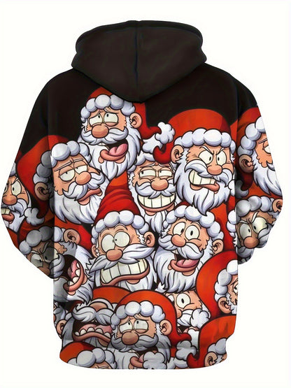 Men'S Christmas Hoodie with Santa Claus & Reindeer Print - Warm Winter Pullover, Kangaroo Pocket, Machine Washable, Festive Red & White Holiday Party Outfit, Regular Fit Long Sleeve Hoodie - Ideal Christmas Gift for Men, Plus
