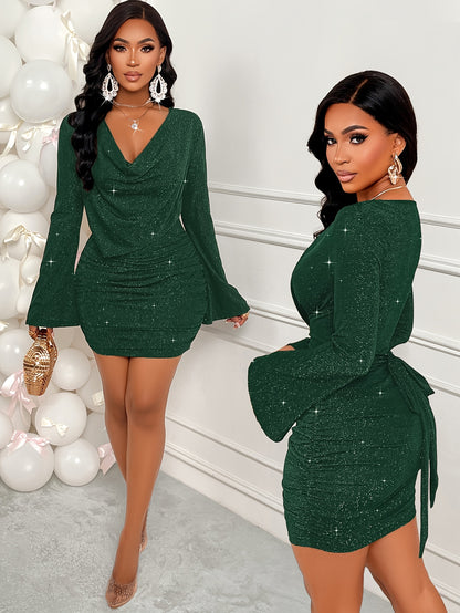 Sexy V-Neck Bell Sleeve Bodycon Dress | Solid Color with Bow Details, and Flattering for Fall/Winter