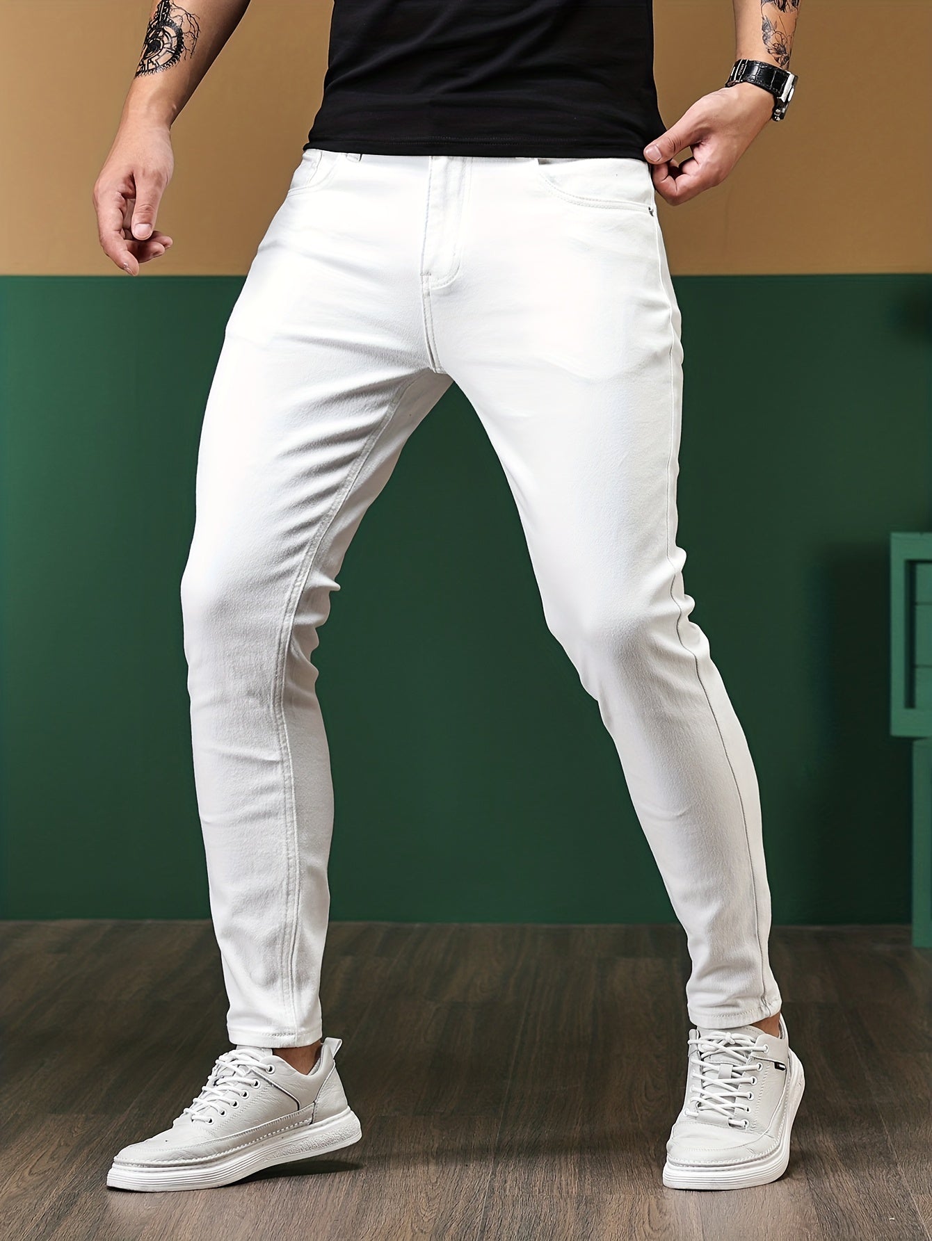 Slim Fit Chic Jeans, Men's Casual Street Style All Match Stretch Denim Pants With Pockets
