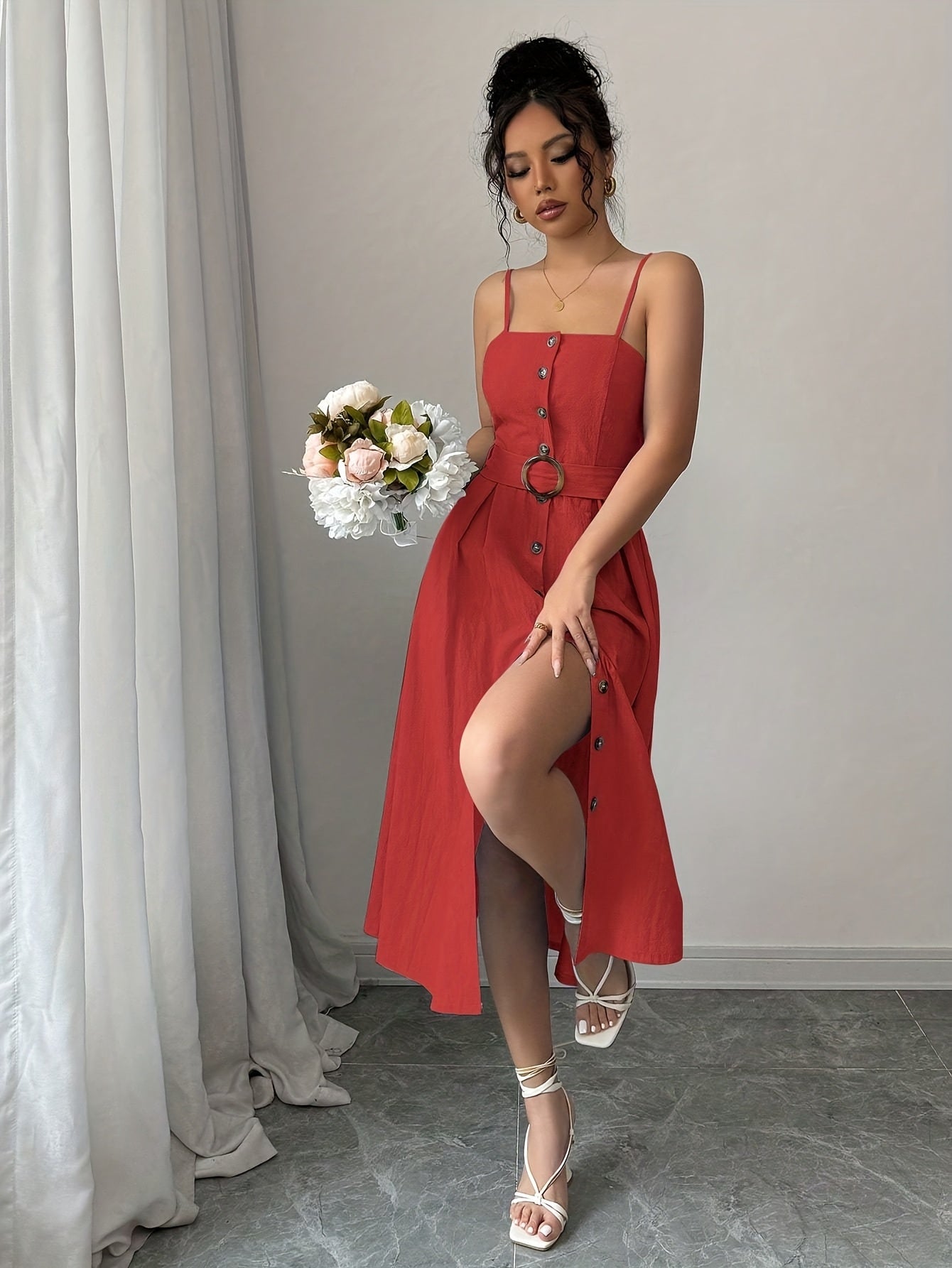 Elegant Sleeveless Midi Dress with Button Detail for Women