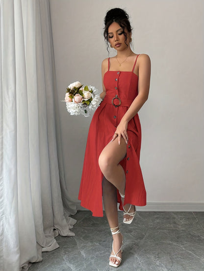 Elegant Sleeveless Midi Dress with Button Detail for Women
