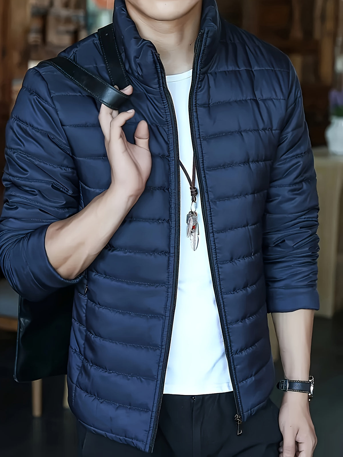 Men's Winter Warm Windproof Jacket with Stand Collar and Zippered Pock