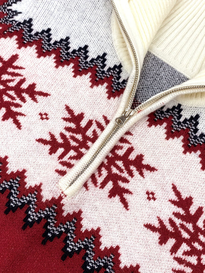 2025 Autumn/Winter New Holiday Snowflake Sweater for Women, Half-Zip High Neck, Zigzag Stripes, Comfortable Light Beige-Friendly Non-Irritating High-Quality Warm Fashion Holiday Top for Christmas, Black Friday, New Year