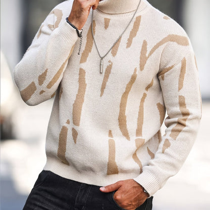 Men's Zebra Stripe Knit Sweater - High Neck Winter Pullover with Zebra Stripes, Warm Casual Sweaters for Weather, Hand Washable Fall/Winter Wardrobe Essential (Regular Fit)
