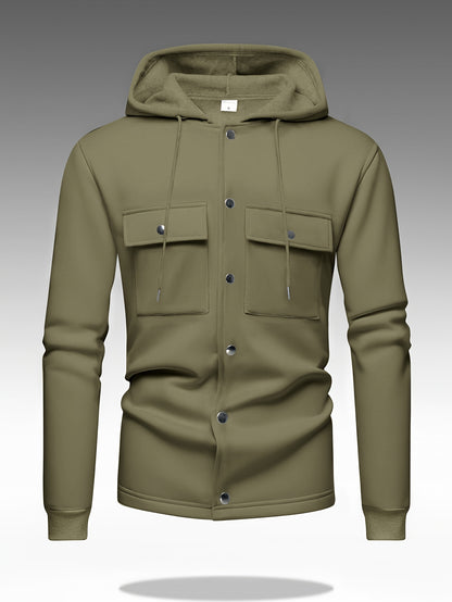 Men's Heavy-Duty Hooded Sweatshirt with Full-Zip Front & Utility Pockets - Olive Green Tactical-Style Outdoor Jacket, Long Sleeve Casual Pullover for Hiking, Camping, Casual Attire - Spring/Fall Layering Essential (Regular Fi