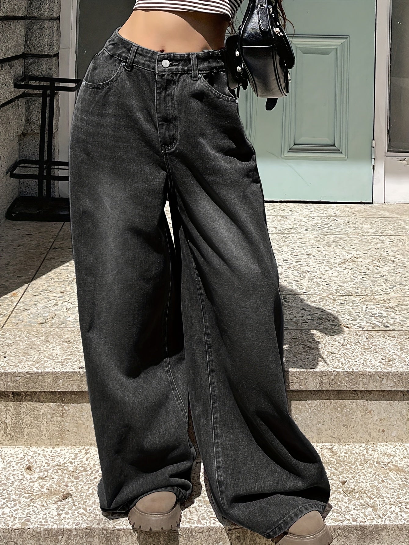1pc Women's High-Waisted Wide Leg Denim Jeans, Casual Style, Solid Color, Non-Stretch Fabric, Straight-Leg Pants for Spring/Summer/Autumn