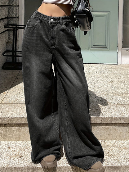 1pc Women's High-Waisted Wide Leg Denim Jeans, Casual Style, Solid Color, Non-Stretch Fabric, Straight-Leg Pants for Spring/Summer/Autumn
