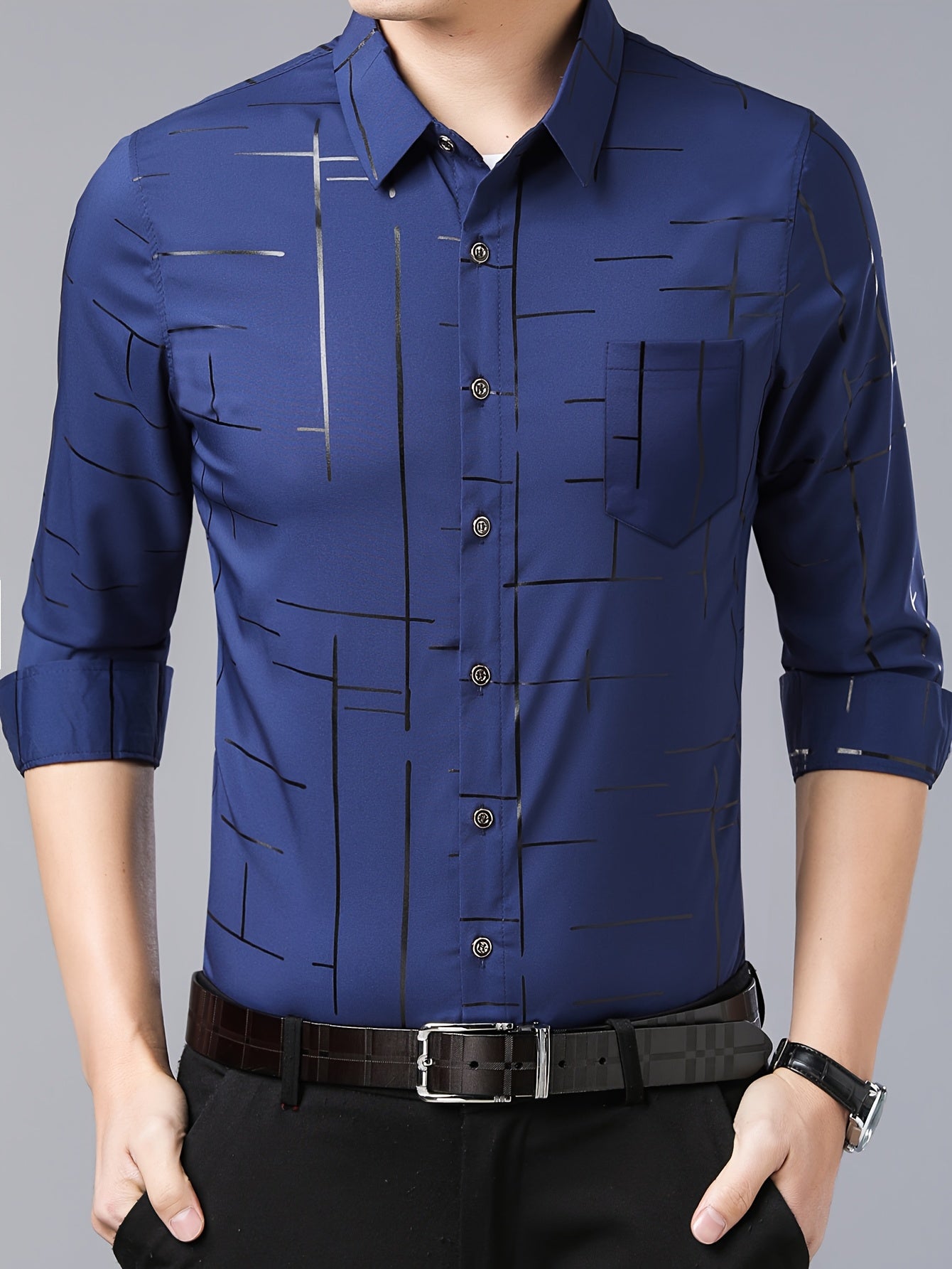 Elegant Men's Maroon Striped Long Sleeve Dress Shirt - Sophisticated Black & Golden Print, Breathable Polyester, Casual Comfort Fit with Classic Collar and Button-Up Front for Casual Attire