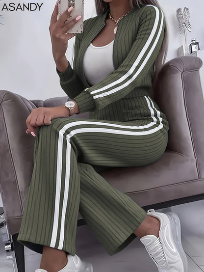 Women'S Stylish Casual Zip-Up Round Neck Ribbed Cardigan with Loose Straight Pants, a Two-Piece Casual Outfit - ayq