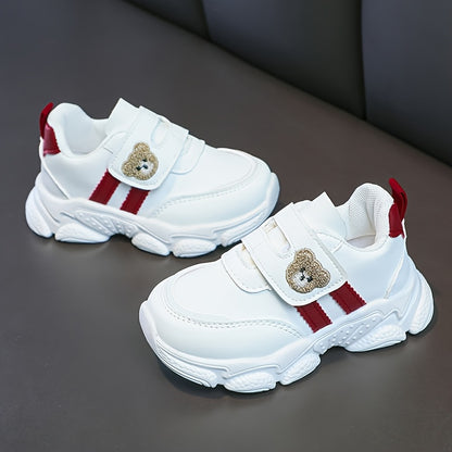 Girls' White Sneakers - Cute Cartoon Bear Design, Casual Low-Top Style with Hook-and-Loop Fastener, Comfortable Microfiber Synthetic Upper, All-Season Wear for Youngsters, Everyday Youngsters's Shoes | Playful Youngsters Snea