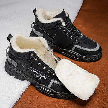 Mid-Top Fleece-Lined Comfortable Warm Gripper Sole Casual Winter Boots for Men and Women, Striped Design. Suitable for Extreme Cold Weather Snowy Conditions with Thick Insulation Lace Closure Anti Slip Durable PVC Outsole Hun