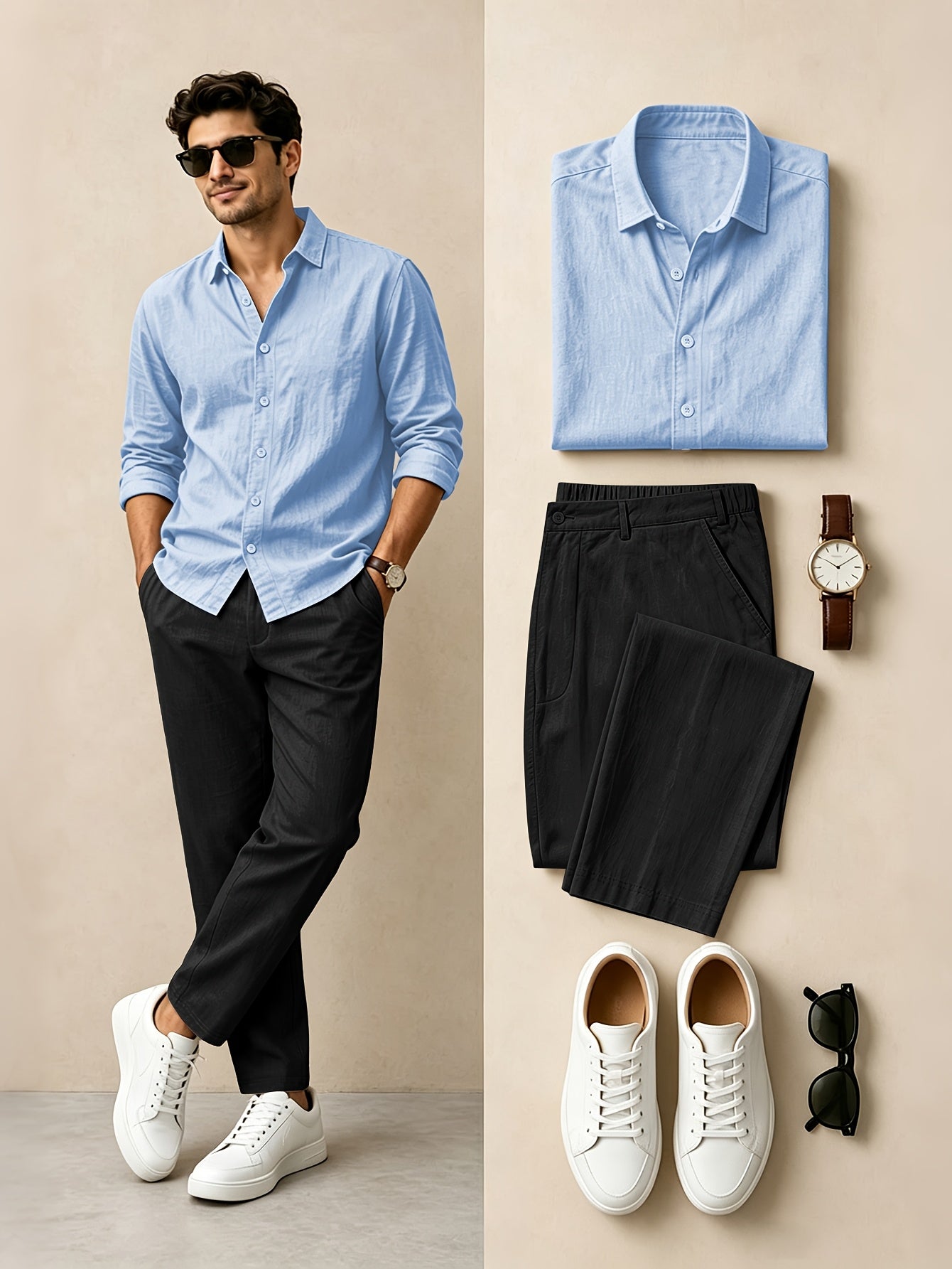 Men's Casual Linen Lapel Shirt & Buckle Pants Set for Spring/Fall