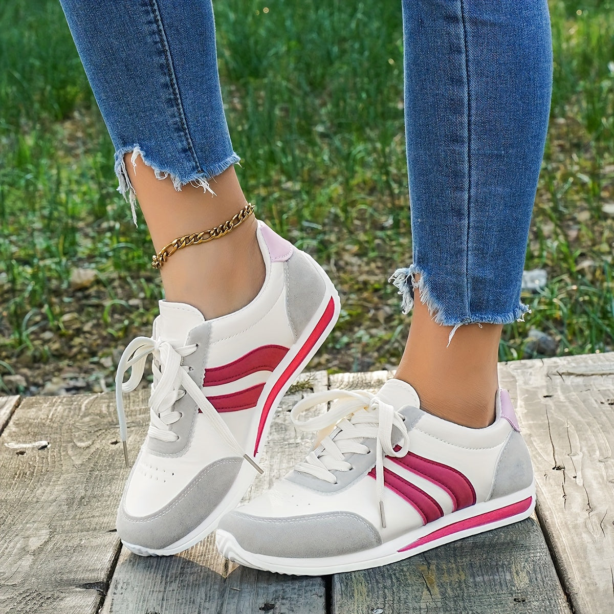 Women's Casual White Sneakers with Blue Accents - Breathable & Comfortable Lace-Up Running Shoes, Low-Top Fitness & Travel Footwear, Soft Rubber Sole, All-Season Wear