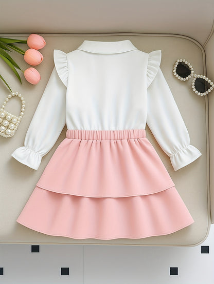 Girls' White Ruffle Sleeve Top & Black Layered Midi Skirt