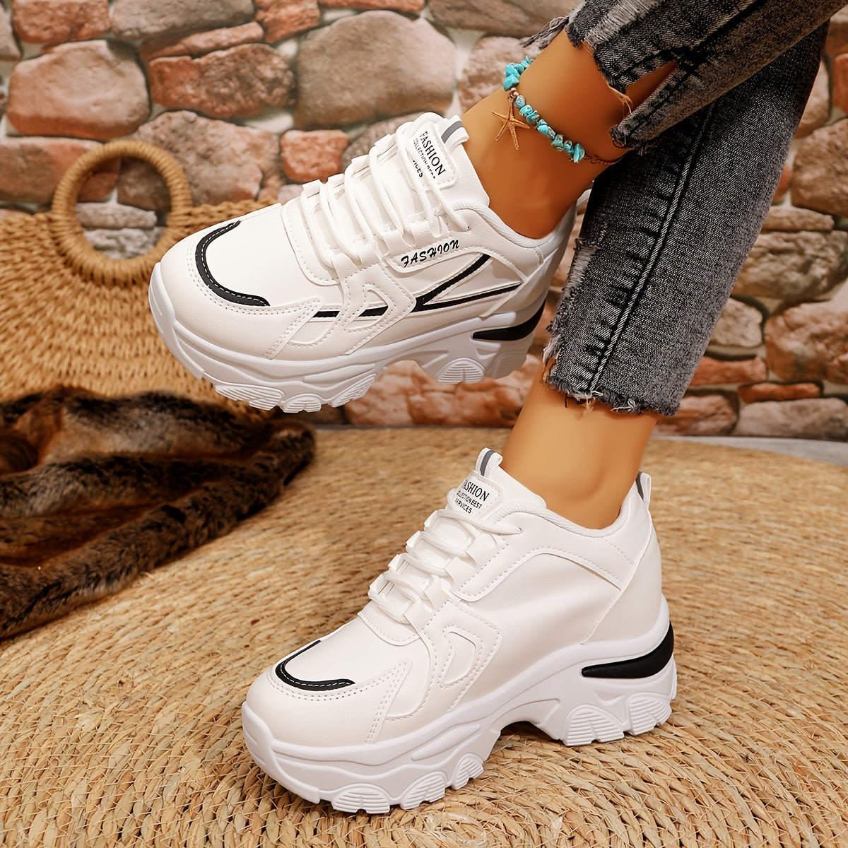 1 Pair Women'S Fashion Sneakers - Lightweight All-Season Casual Sports Shoes with Man-Made Upper, Fabric Inner, Faux Leather Sole, and Random Printing Design