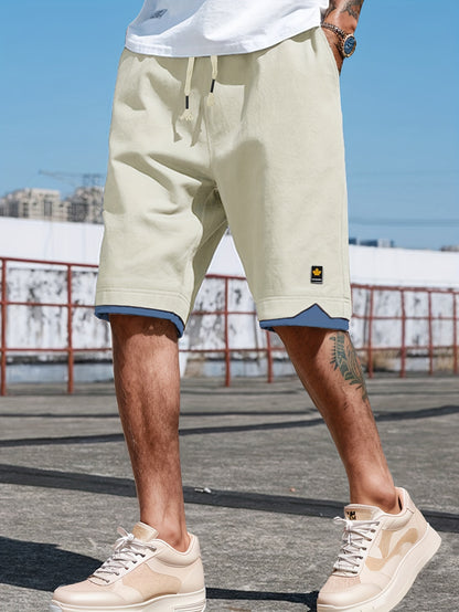 Men's Solid Shorts With Pockets, Casual Elastic Waist Fake Two-piece Drawstring Shorts For Summer