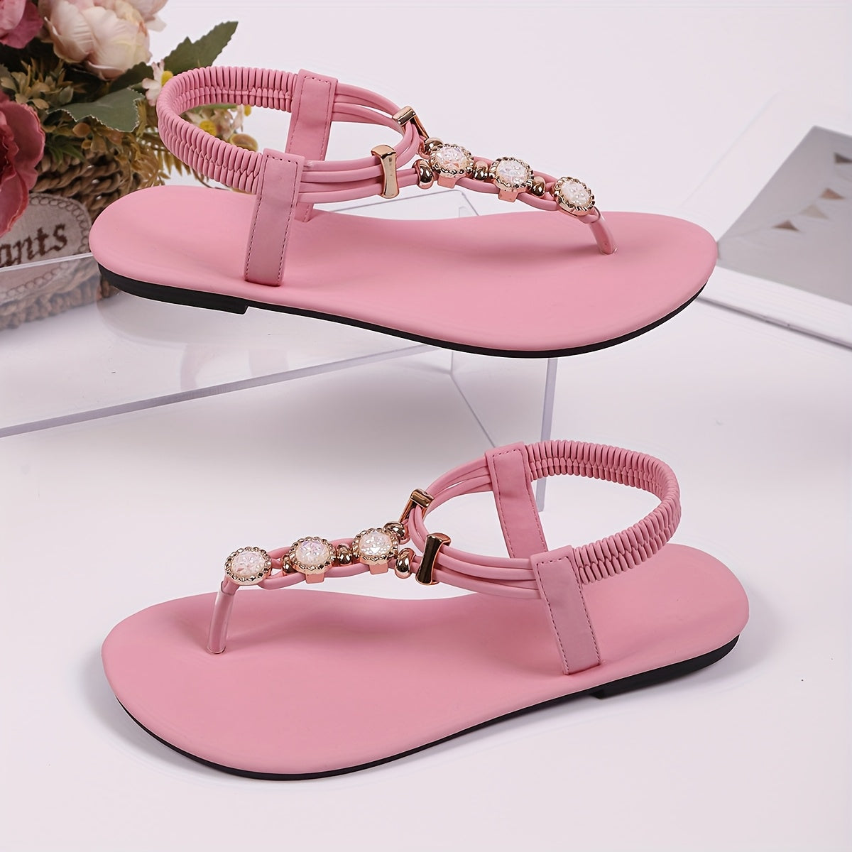 Elegant Summer Women's Flat Sandals with Rhinestone Embellishments and Strappy Back, Split Toe Design, Rubber Sole – Non-Washable, Man Made Materials – Taizhou-Origin