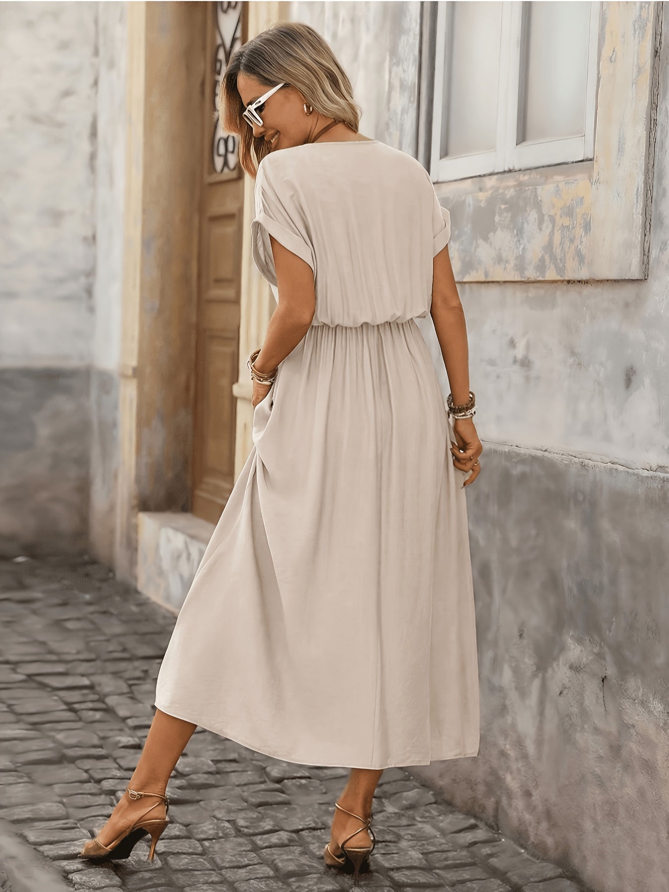 Women's Summer V-Neck Peplum Dress, Lightweight Polyester
