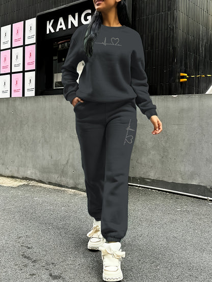 Women's Fleece Sweatsuit Set with Heart Print for Fall/Winter - ayq