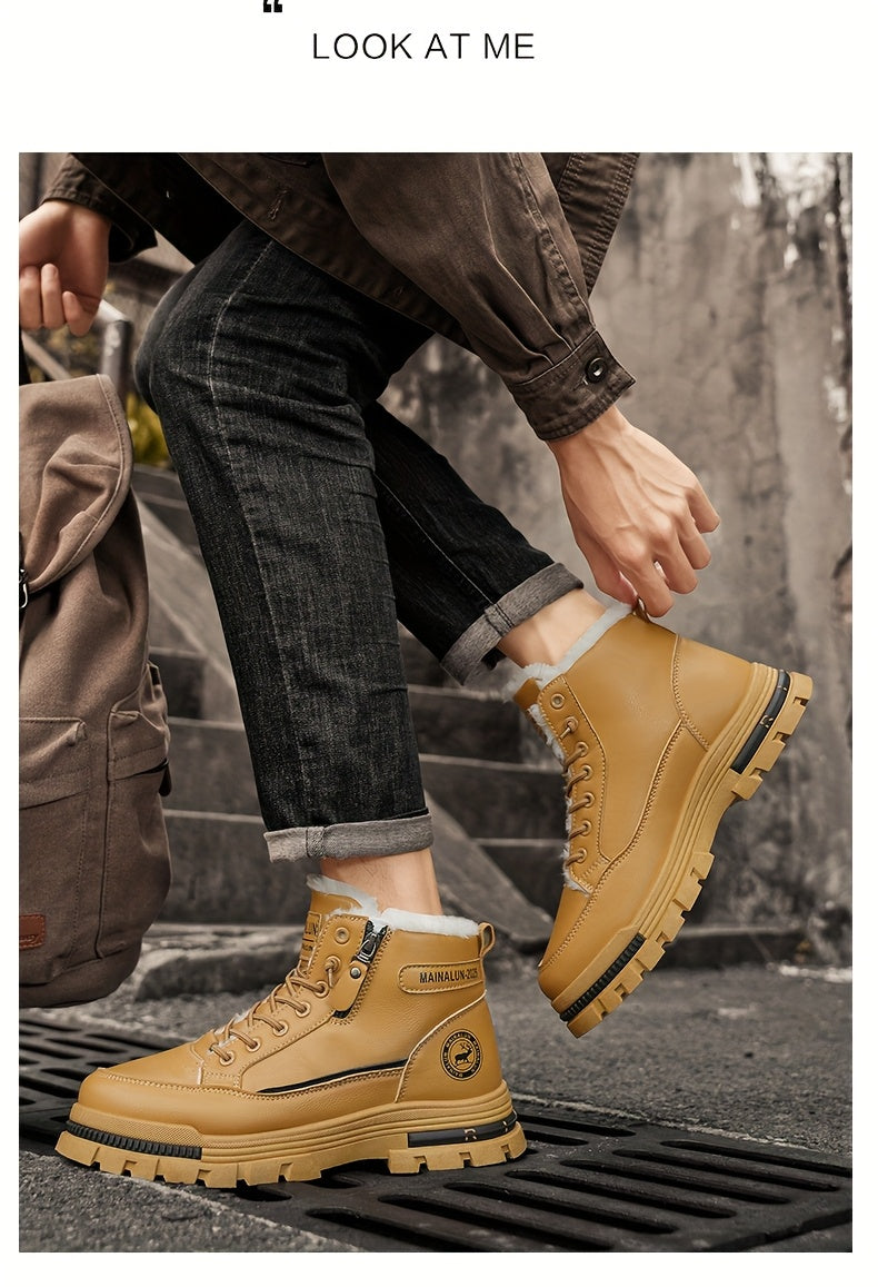 Men's Vintage Casual Fleece-Lined Snow Boots - Brown Faux Cover with Black Accents, Lace-Up Design, Thick PVC Sole for Winter & Fall, Round Toe Comfort, Everyday Winter Footwear, Winter Boots,  Style Boots, Durable Winter Foo