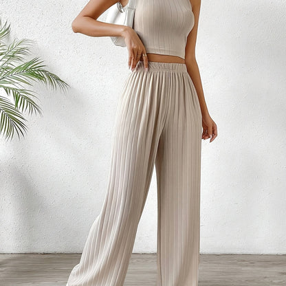 Solid Ribbed Elegant Pants Set, Crew Neck Sleeveless Slim Tank Top & Elastic Waist Wide Leg Pants Outfits, Women's Clothing