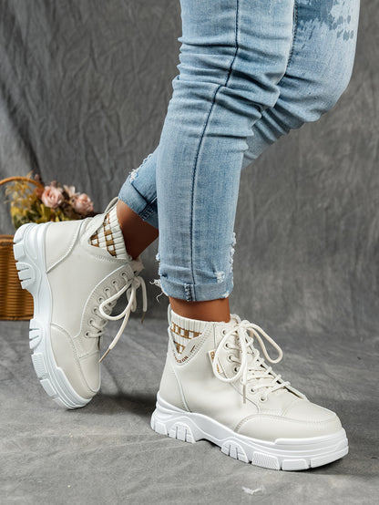 gfhfgjjfg Women's Casual High-Top Platform Ankle Boots with Lace-Up Closure, Thick Rubber Sole & Faux Cover Upper - Winter Warm Round Toe Boots for Casual Attire (Black/White/Beige), Comfortable Footwear, Durable Traction Foo