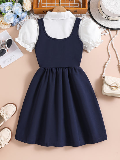 Girls' Preppy Fit and Flare Dress with Puff Sleeve Shirt Set