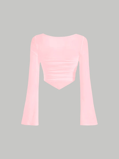 Women'S Elegant Square Neck Solid Color T-Shirt, Polyester Knit Fabric, Short Length, Stretchy Slim Fit, Spring/Fall Fashion Top