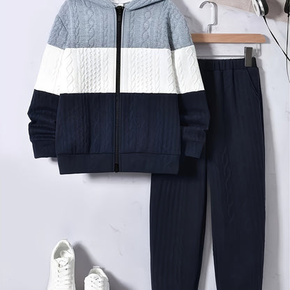 Youth 's Fashion Thickened Jacquard Fabric Grey White Navy Contrast Stitched Hoodie Sweatshirt + Comfortable Drawstring Casual Pants Two-Piece Set, Perfect for Outdoor Activities, Perfect for Outdoor