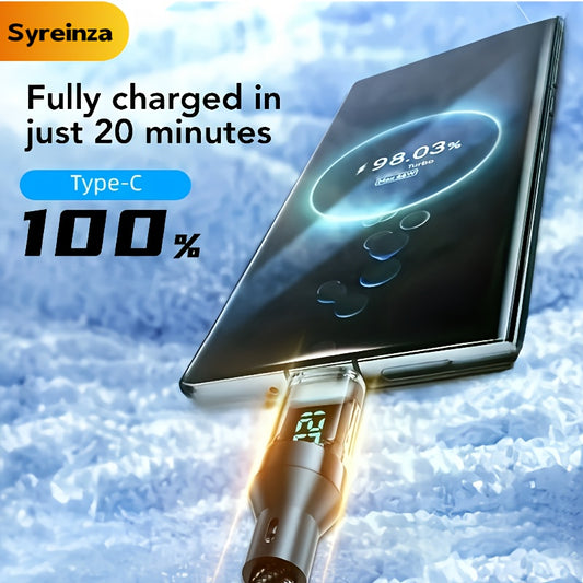 Super Fast Charging USB-C Cable Type-C to Type-C Flat PVC Data Sync Cord with Real-Time Digital Display brand Syreinza Output Power for Home Office Travel Nylon woven reinforced durable high-quality technology enthusiast data - ayq