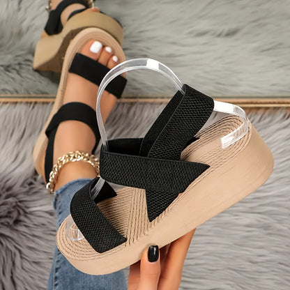 Women'S Summer Wedge Sandals, Comfortable Fabric Upper, Slip-On Round Toe Platform Heel, Casual Beach Shoes with Rubber Sole and Insole