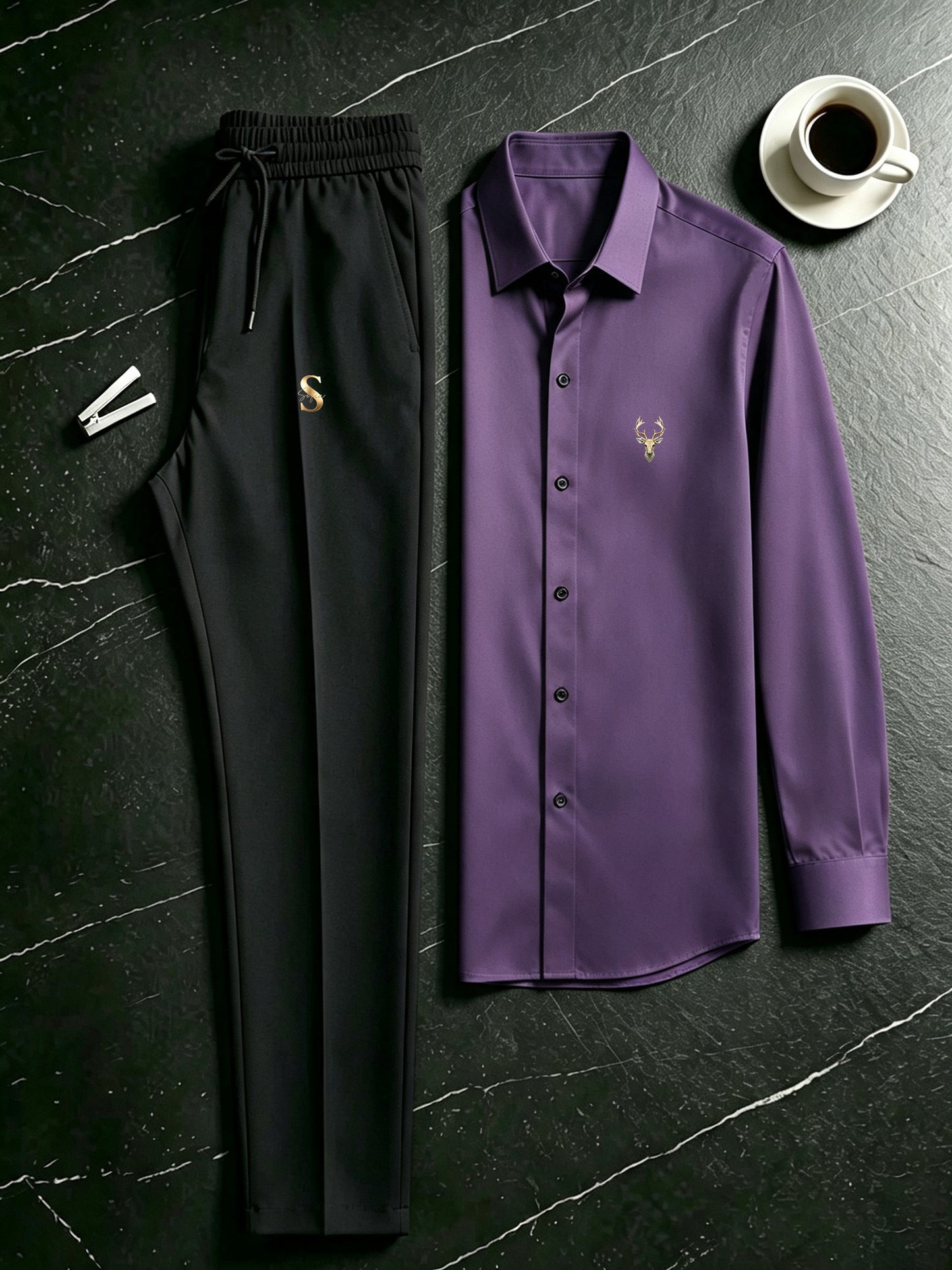 Men's Casual Long Sleeve Shirt & Drawstring Pants Set