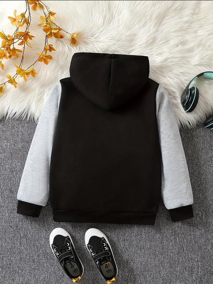 1pc Boys Stylish Color Block Fleece Lining Hooded Jacket, Long Sleeve Zip Up Jacket, Kids Clothes Outdoor