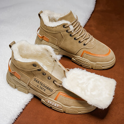 Mid-Top Fleece-Lined Comfortable Warm Gripper Sole Casual Winter Boots for Men and Women, Striped Design. Suitable for Extreme Cold Weather Snowy Conditions with Thick Insulation Lace Closure Anti Slip Durable PVC Outsole Hun