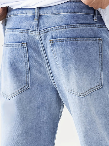 Men's Solid Denim Pants With Pockets, Stylish Cotton Blend Jeans For Outdoor Activities