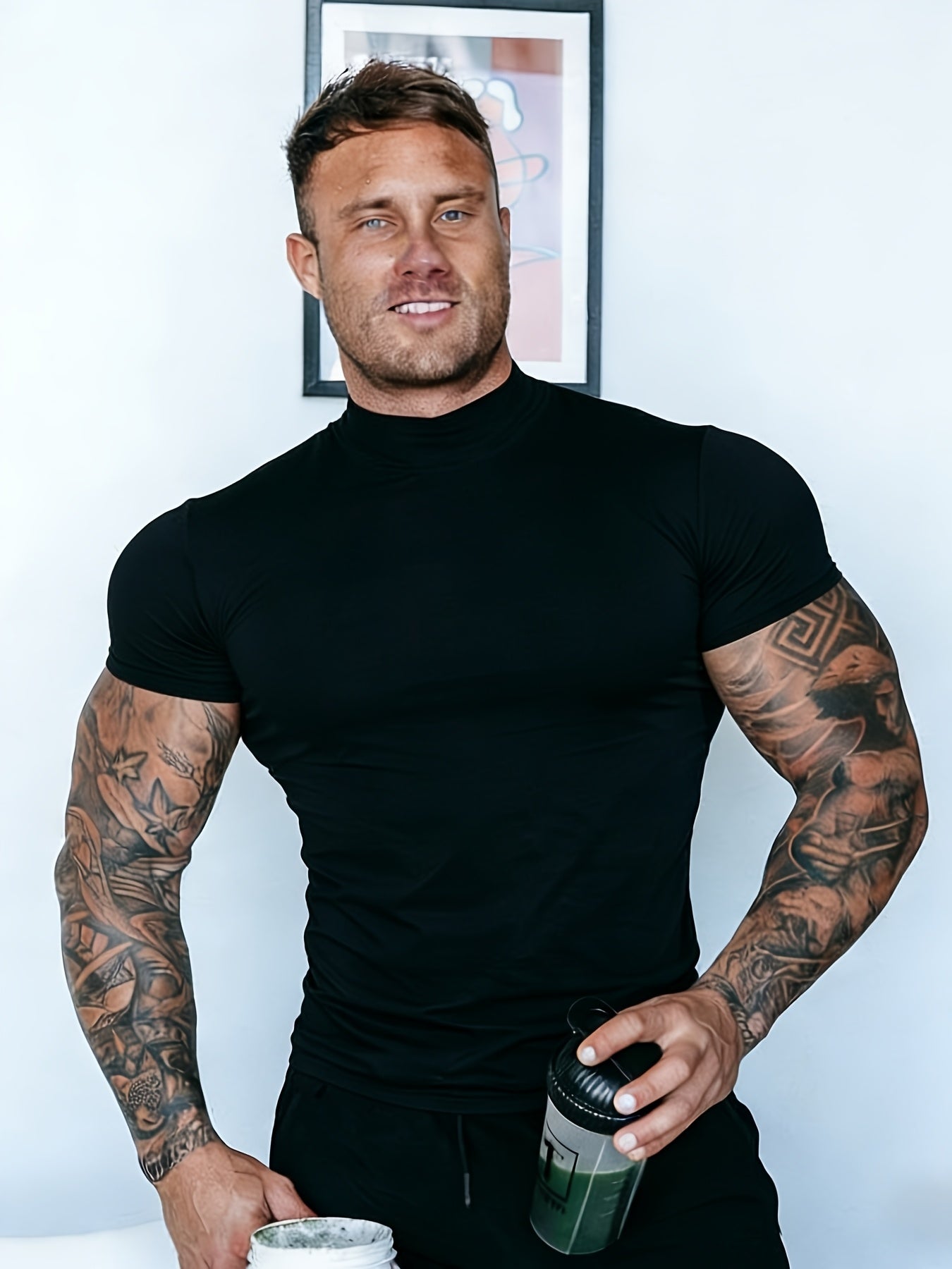 Summer Slim-Fit Stretchy Quick-Dry Running Fitness Short Sleeve Men'S High Neck Casual T-Shirt | Solid Color, Ideal for Sports and Casual Wear - ayq