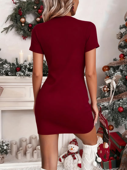 Women's 2026 New Year Print & 2026 Cursive Lettering Short Sleeve Bodycon Dress - Burgundy/White Party Dress with Round Neck, Long Length, Machine Washable - Christmas & NYE Outfit, Gift Idea (One-Piece)