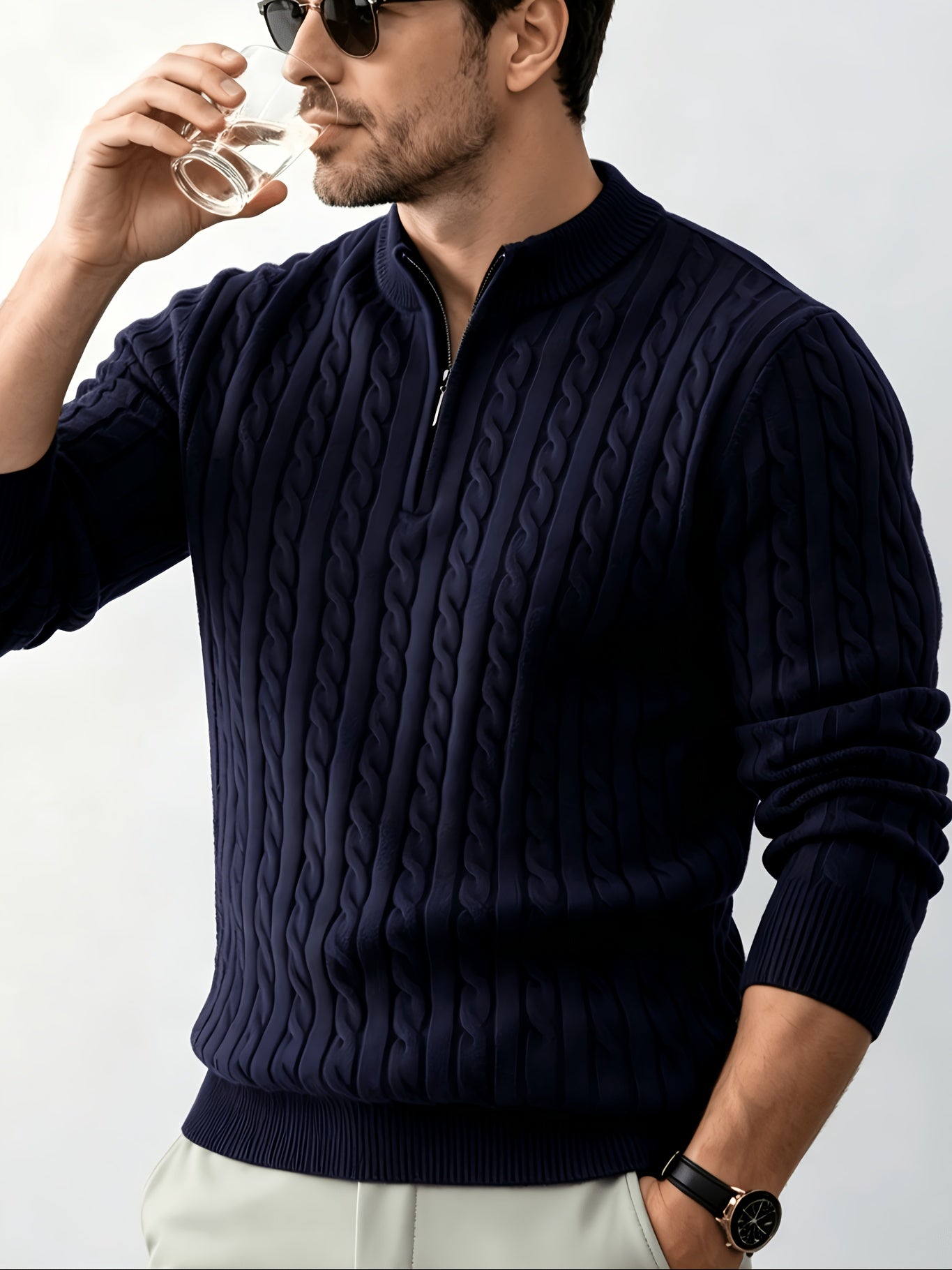 Men's Spring/Fall Half-Zip Stand Collar Cable Knit Sweater