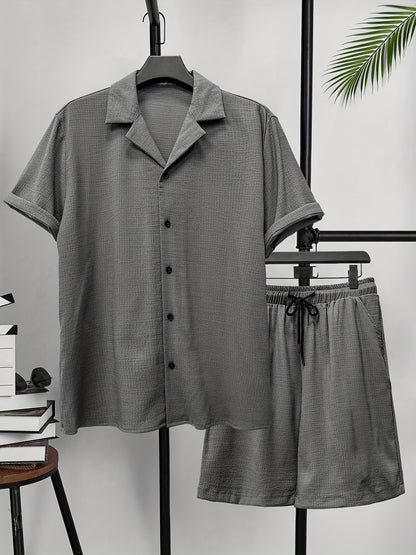 2025 spring and summer new small checkered texture shirt and shorts suit, casual solid color suit collar short-sleeved shirt and shorts Men's 2pcs suit, summer light top and pants Men's beach suit, daily outing, casual travel