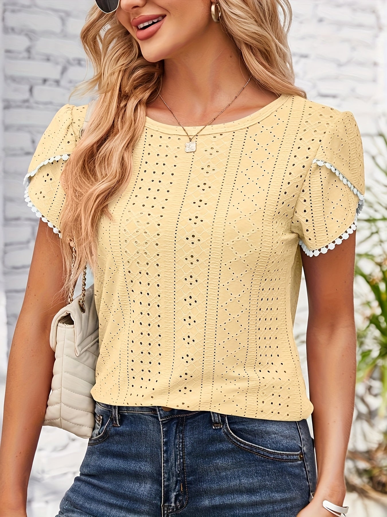Women'S Elegant Blouse - Soft Pink Round Neck T-Shirt with Floral-like eyelet details, Breathable Loose Fit Top for Casual & Formal Outfits - Everyday Summer Shirt for Women, Ladies T Shirts, Versatile Clothing, Feminine Styl